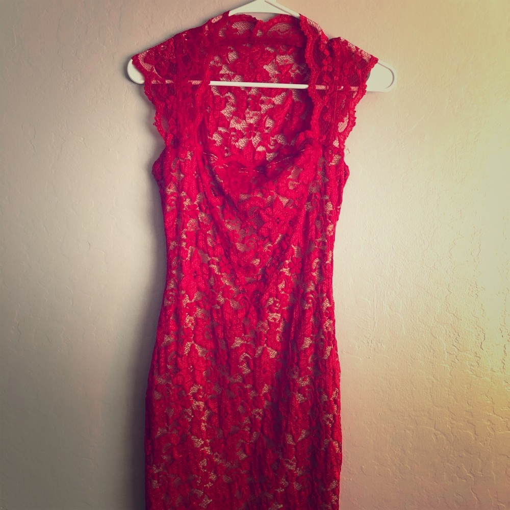 Rubber Ducky Red Square Neck Lace Dress